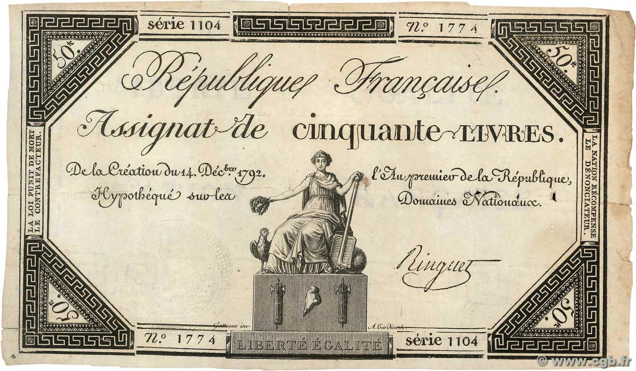 50 Livres FRANKREICH  1792 Ass.39a SS