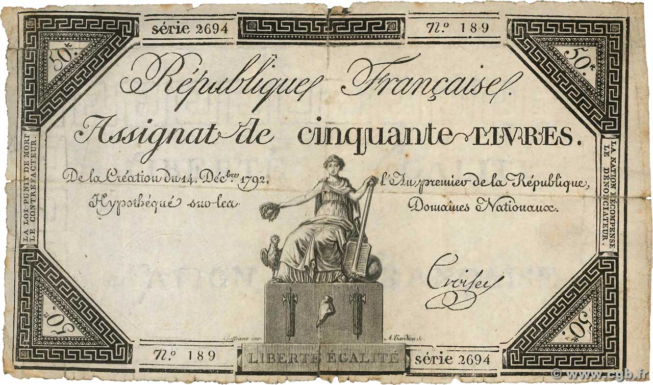 50 Livres FRANKREICH  1792 Ass.39a S