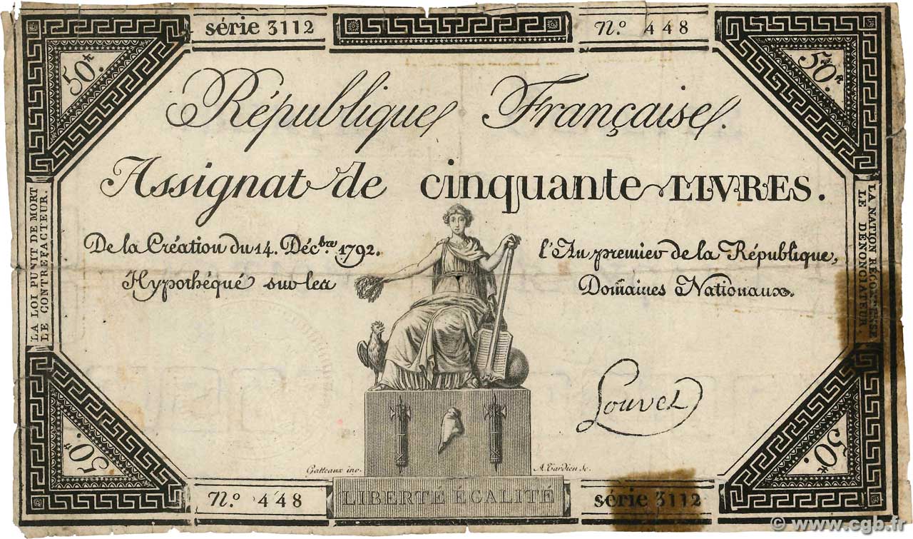 50 Livres FRANCE  1792 Ass.39a F-