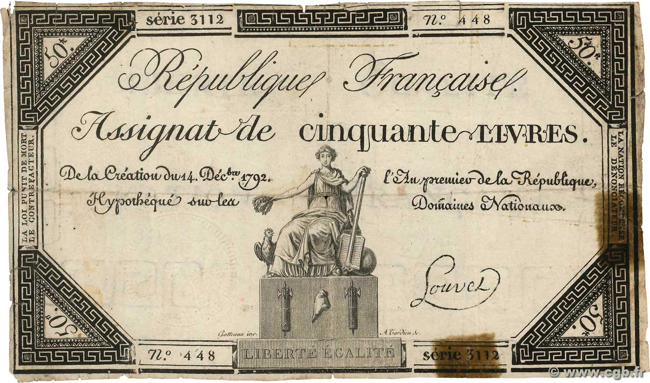 50 Livres FRANKREICH  1792 Ass.39a fS