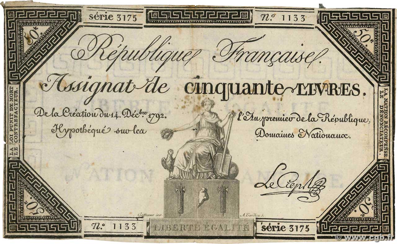 50 Livres FRANCE  1792 Ass.39a TTB