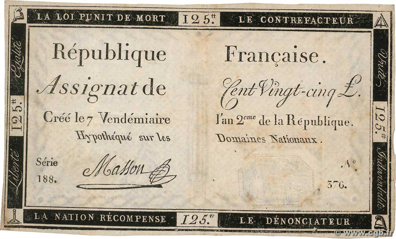 125 Livres FRANCE  1793 Ass.44a TTB