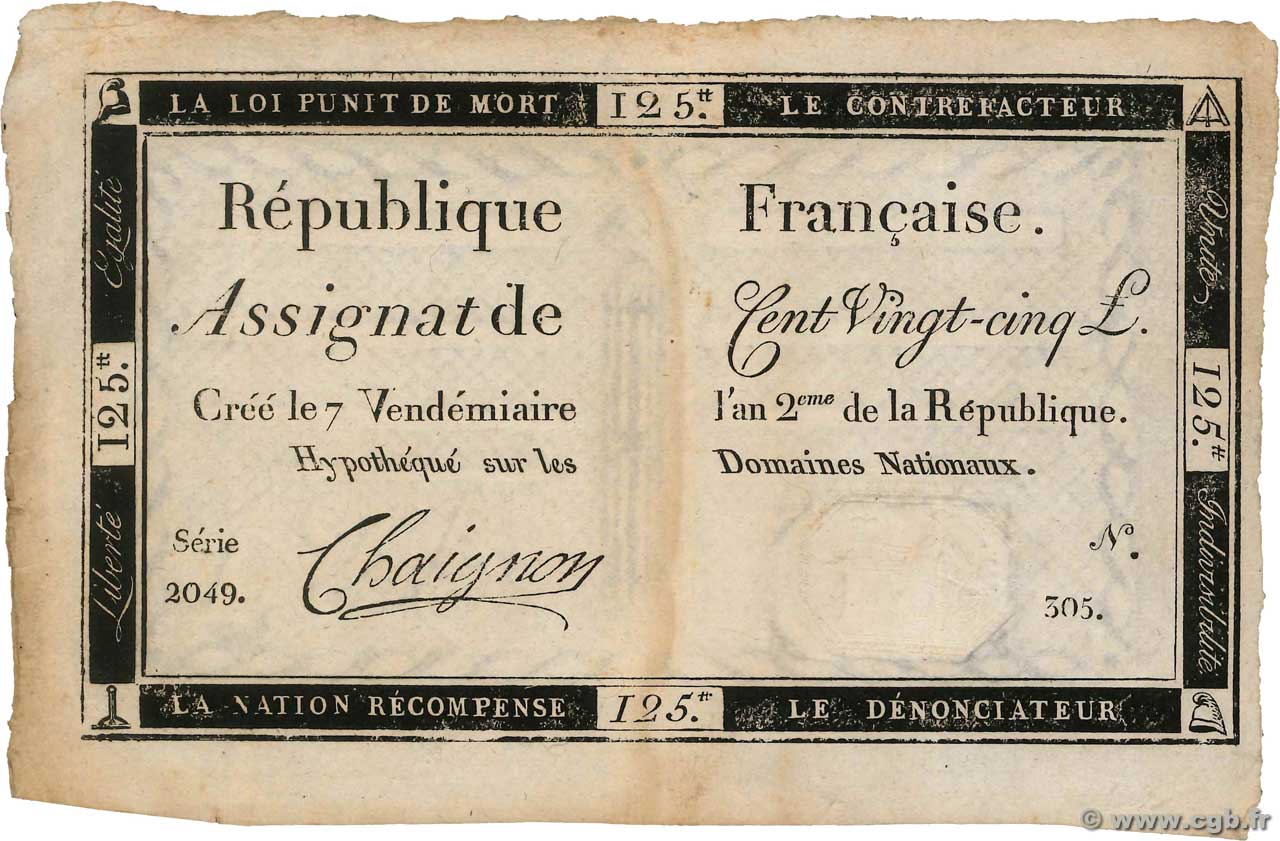 125 Livres FRANKREICH  1793 Ass.44a fVZ