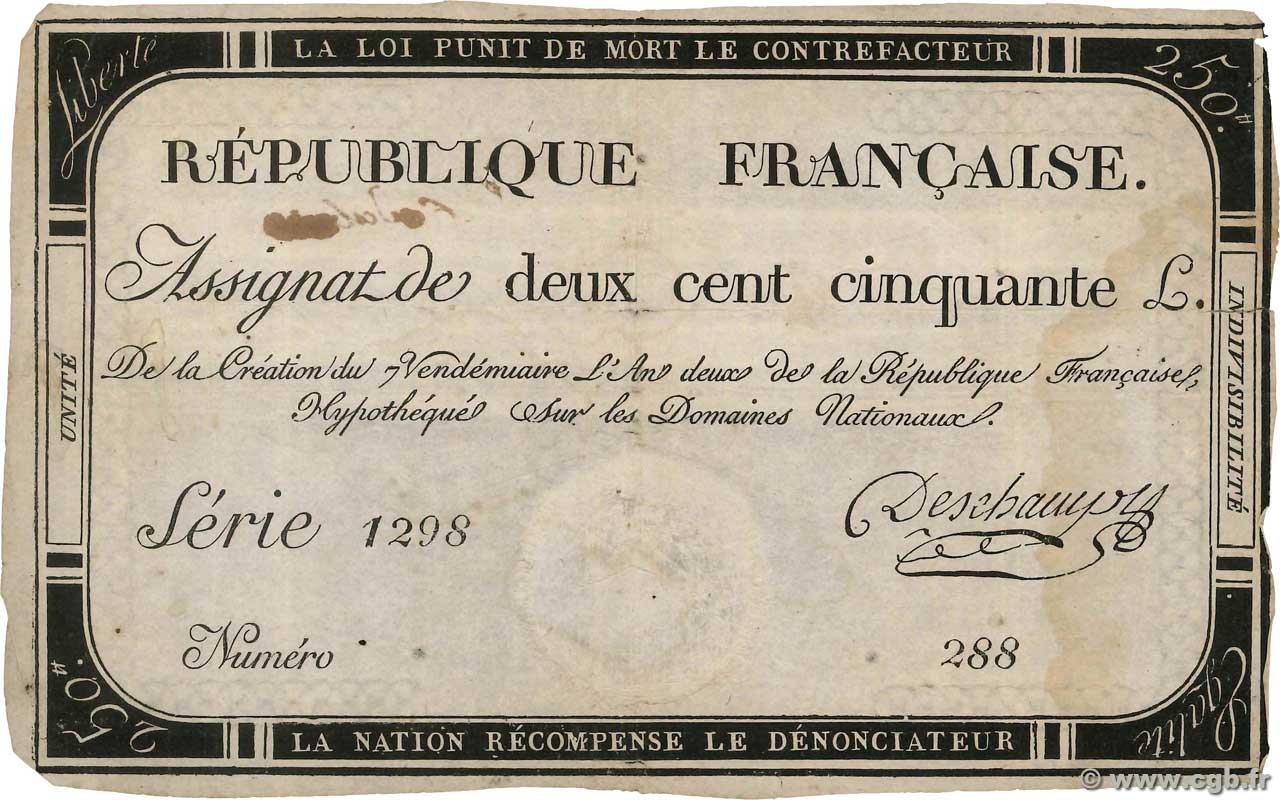 250 Livres FRANCIA  1793 Ass.45a BC+