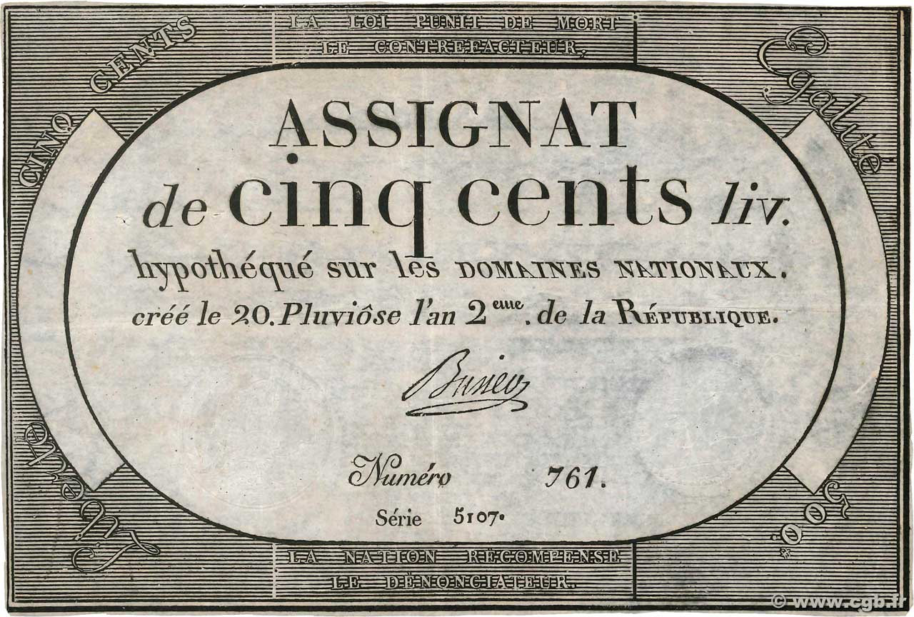 500 Livres FRANCE  1794 Ass.47a VF