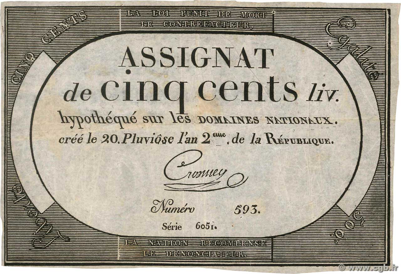 500 Livres FRANCE  1794 Ass.47a VF-
