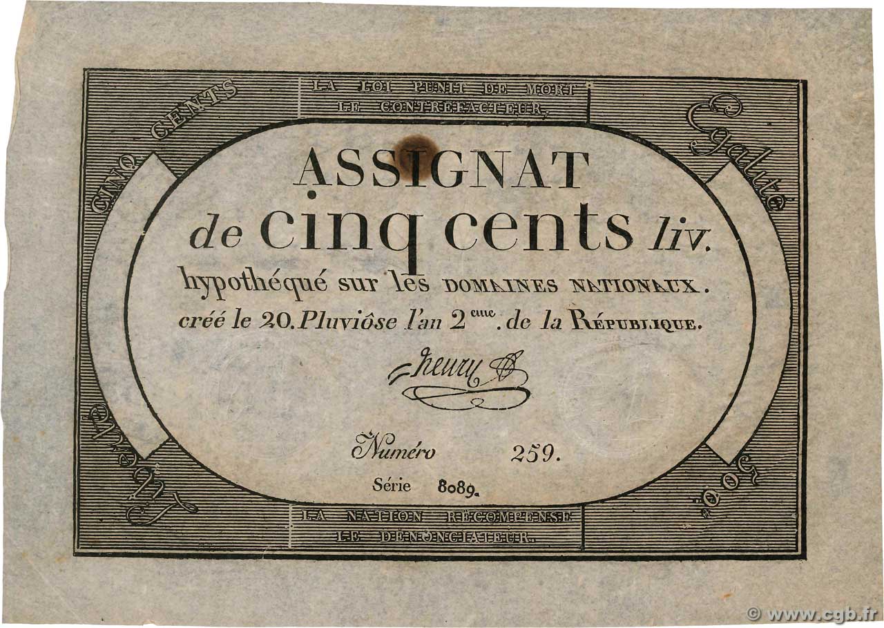 500 Livres FRANCE  1794 Ass.47a XF