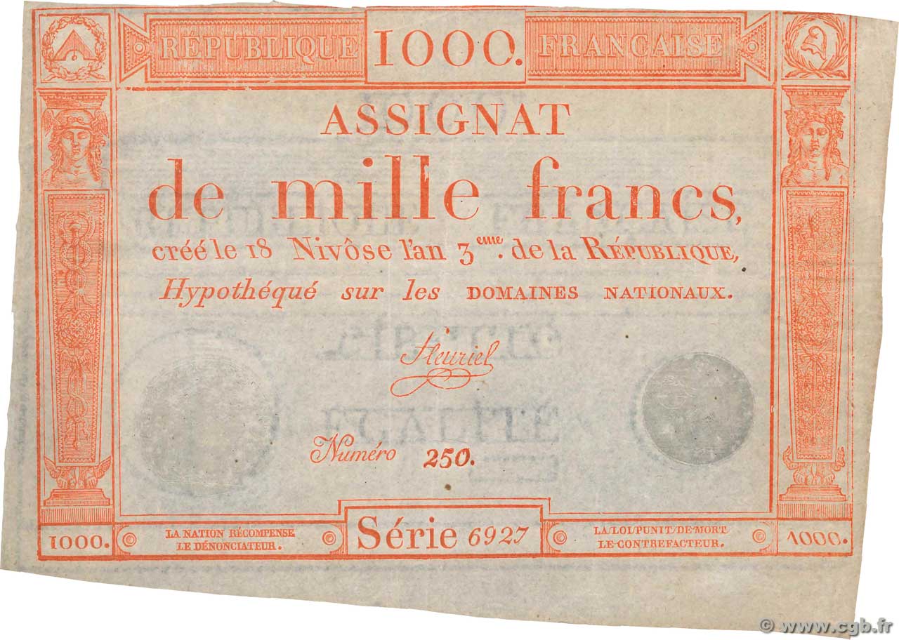 1000 Francs FRANCE  1795 Ass.50a XF