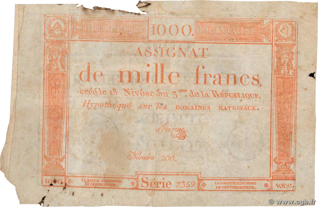 1000 Francs FRANKREICH  1795 Ass.50a SS