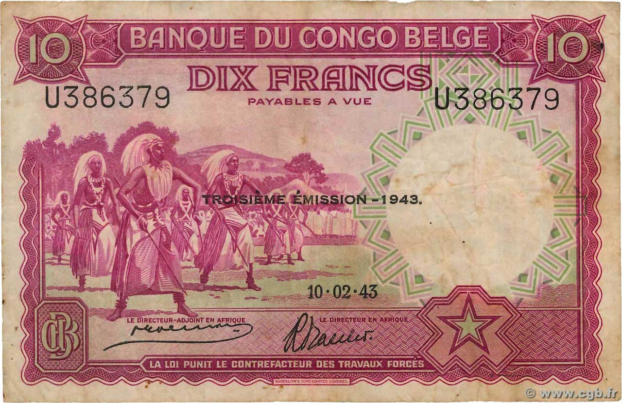 10 Francs CONGO BELGE  1943 P.14C TB