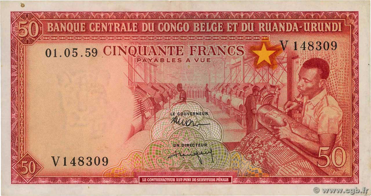 50 Francs CONGO BELGA  1959 P.32 SPL