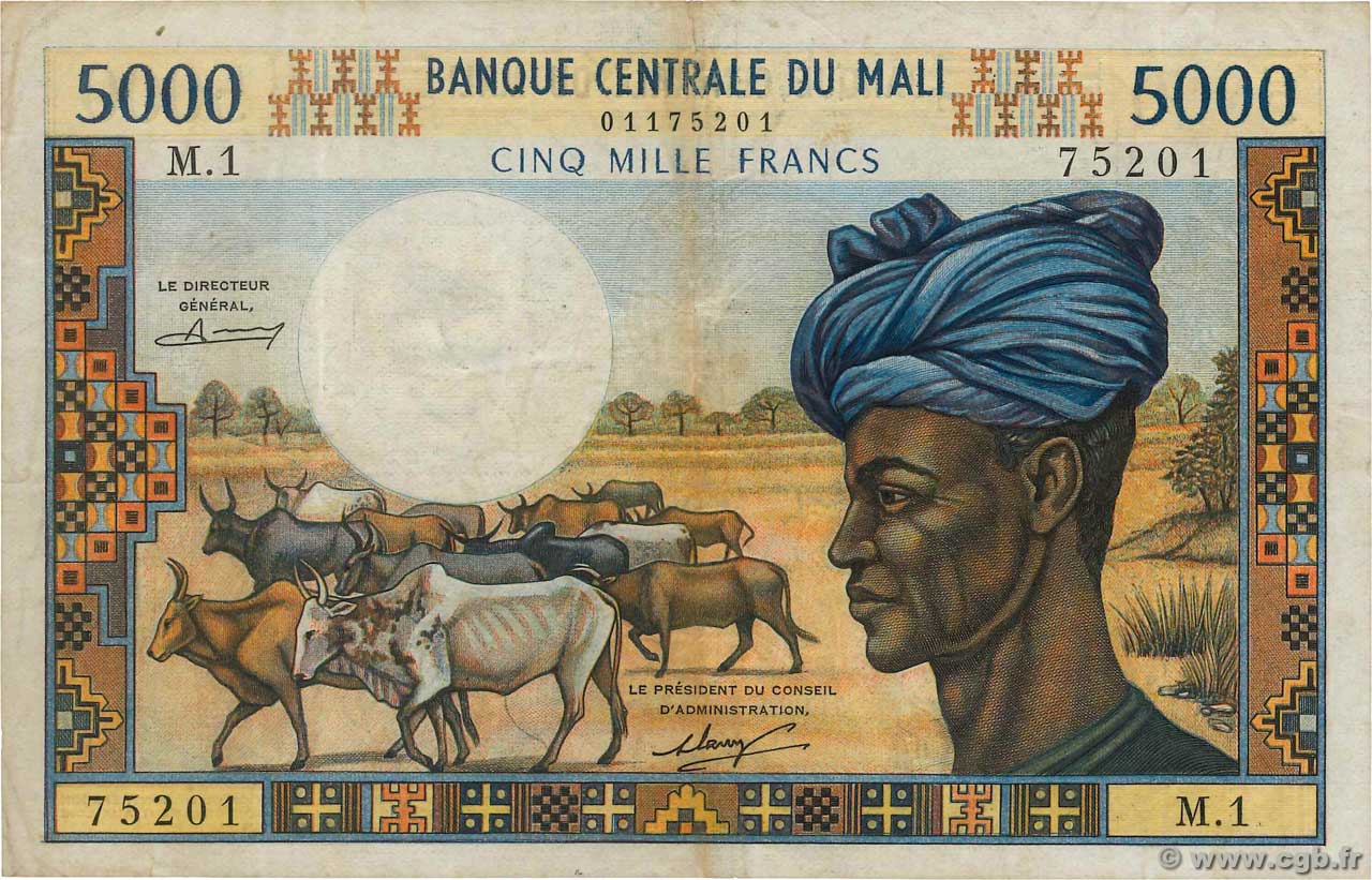 5000 Francs MALI  1973 P.14a F+