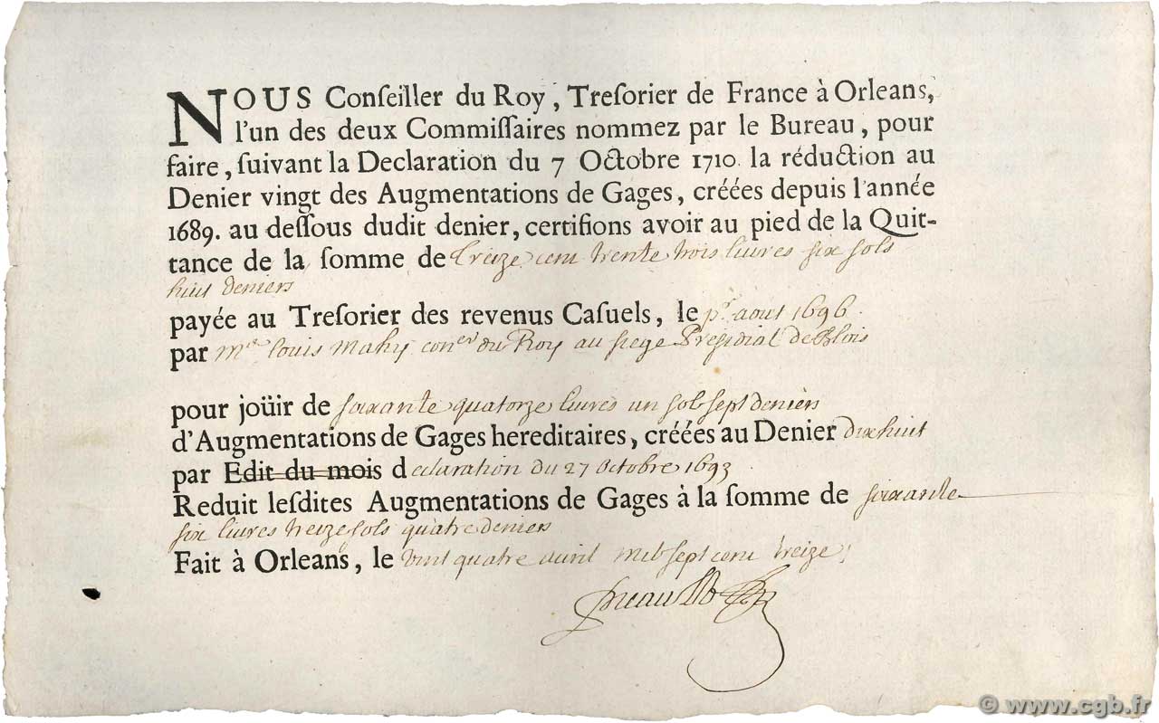 74 Livres FRANCE regionalismo e varie Orléans 1713  SPL