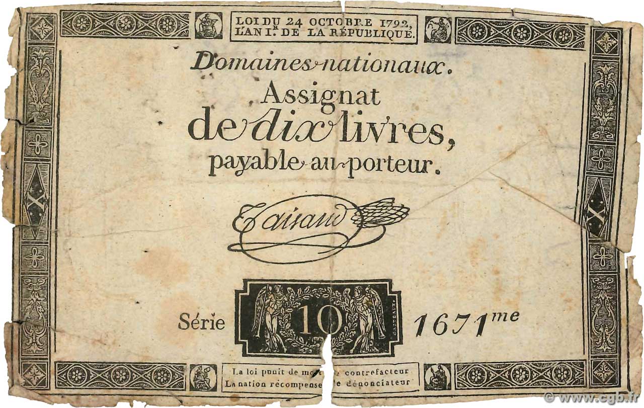 10 Livres filigrane royal Fauté FRANCE  1792 Ass.36a-v1a B
