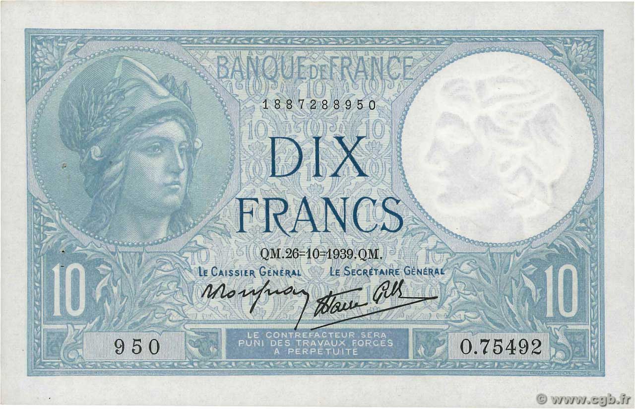 10 Francs MINERVE modifié FRANCE  1939 F.07.13 SUP+