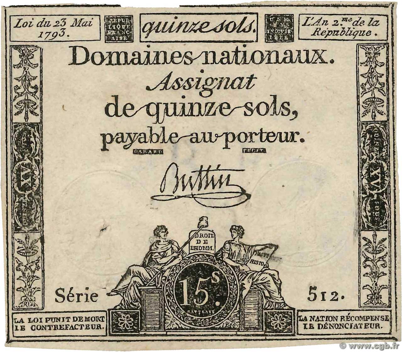 15 Sols Vérificateur FRANCE  1793 Ass.41v SPL