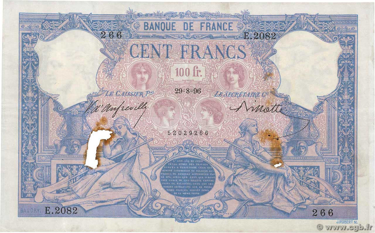 100 Francs BLEU ET ROSE FRANCE  1896 F.21.09 pr.TB