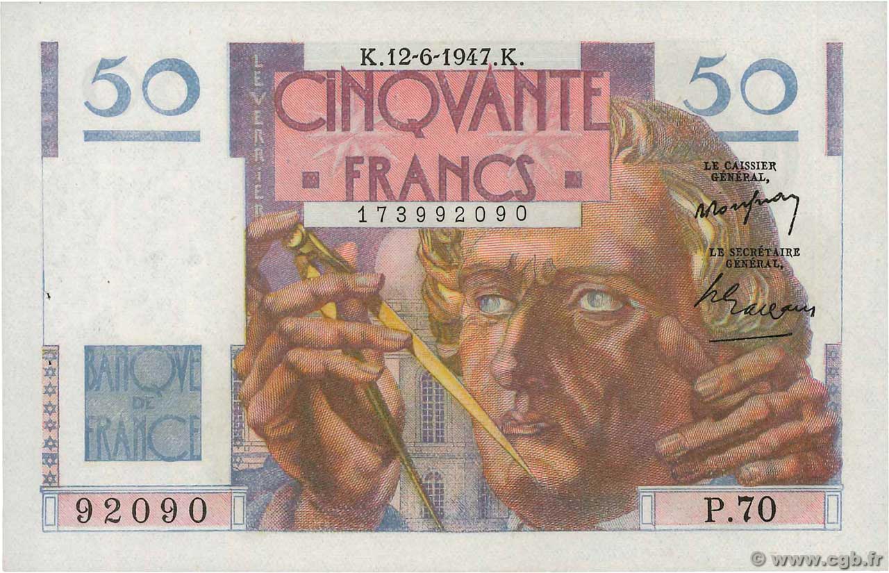 50 Francs LE VERRIER FRANCIA  1947 F.20.08 SPL+