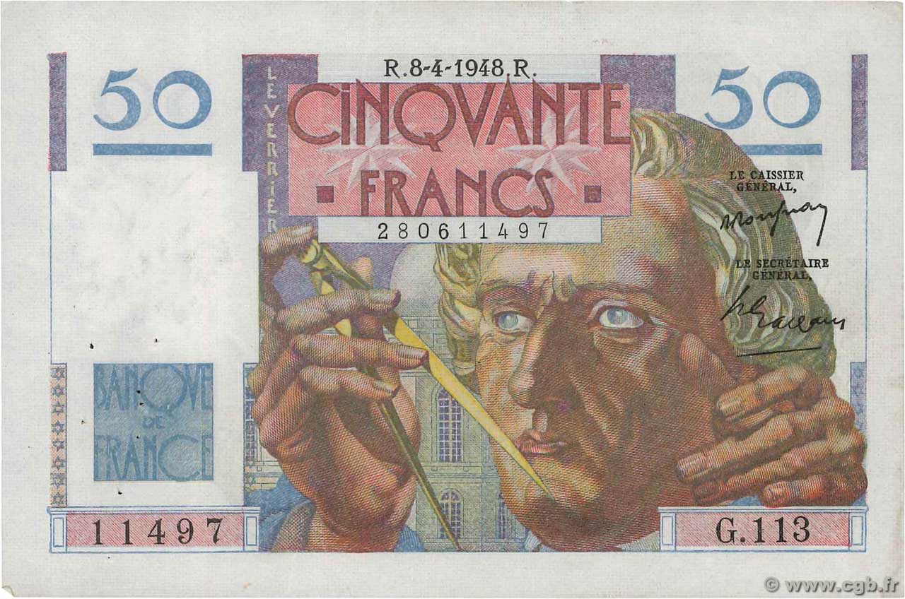 50 Francs LE VERRIER FRANCE  1948 F.20.10 XF-