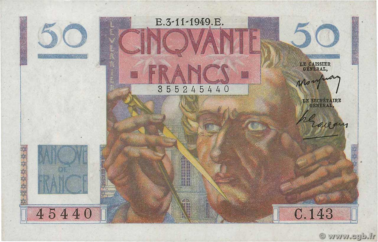 50 Francs LE VERRIER FRANCIA  1949 F.20.13 SC+