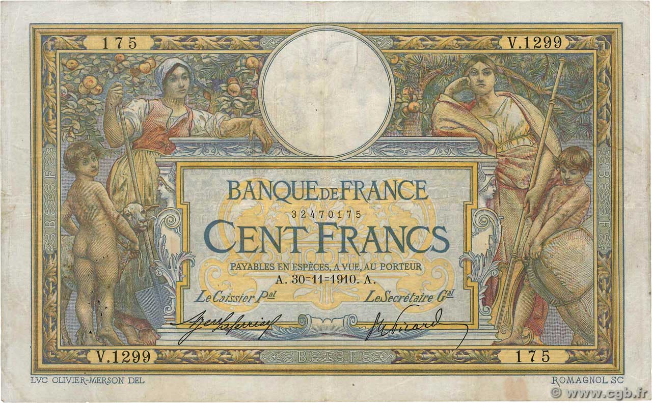 100 Francs LUC OLIVIER MERSON sans LOM FRANKREICH  1910 F.23.02 fS