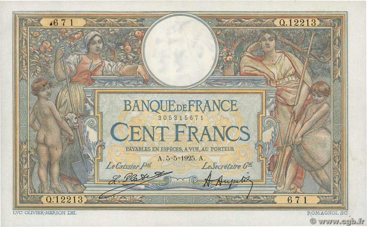 100 Francs LUC OLIVIER MERSON grands cartouches FRANCIA  1925 F.24.03 SPL