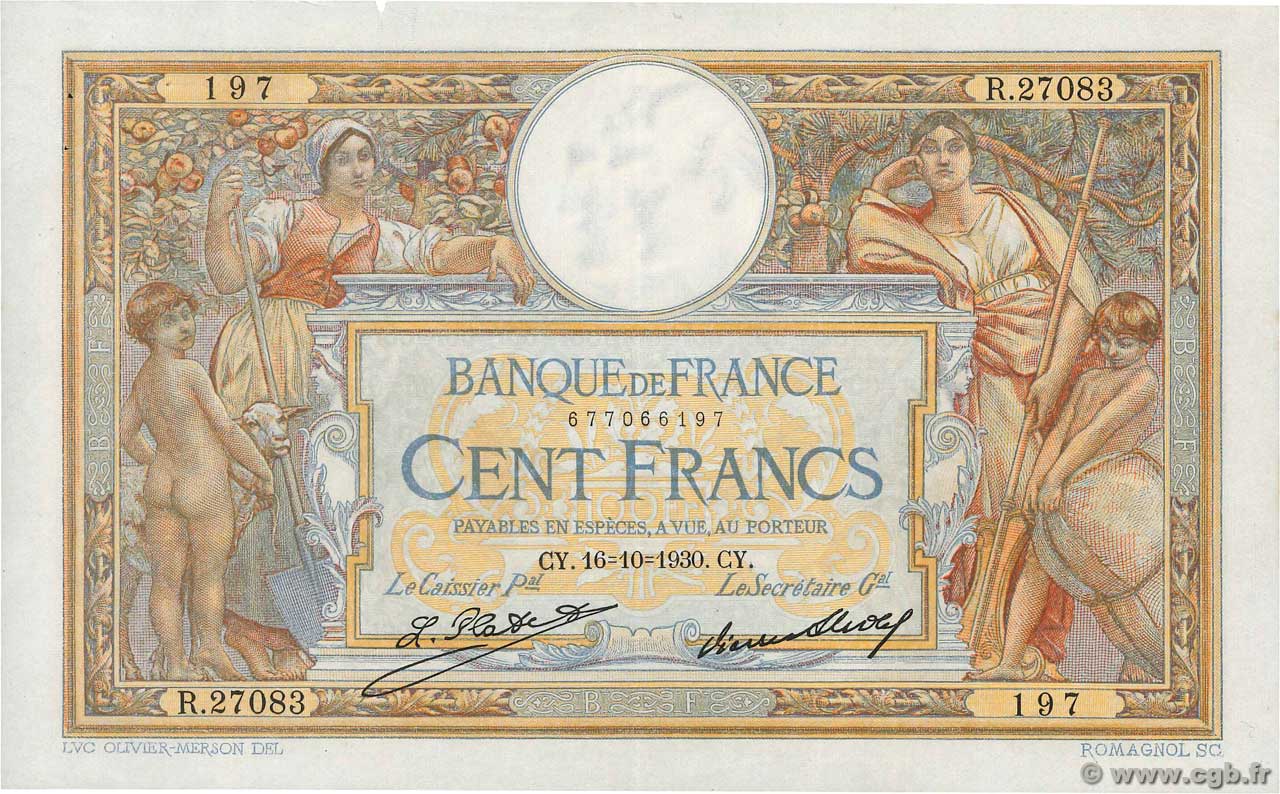 100 Francs LUC OLIVIER MERSON grands cartouches FRANKREICH  1930 F.24.09 VZ