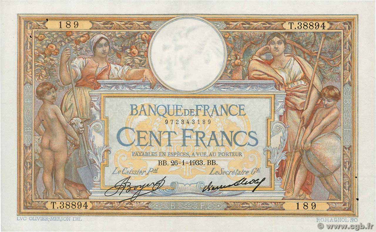 100 Francs LUC OLIVIER MERSON grands cartouches FRANCE  1933 F.24.12 XF