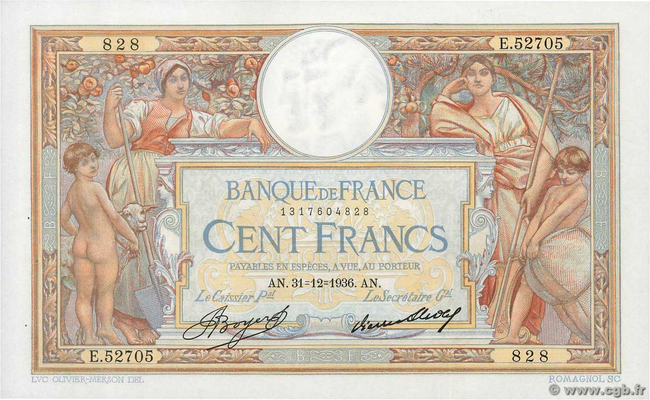 100 Francs LUC OLIVIER MERSON grands cartouches FRANCE  1936 F.24.15 XF+