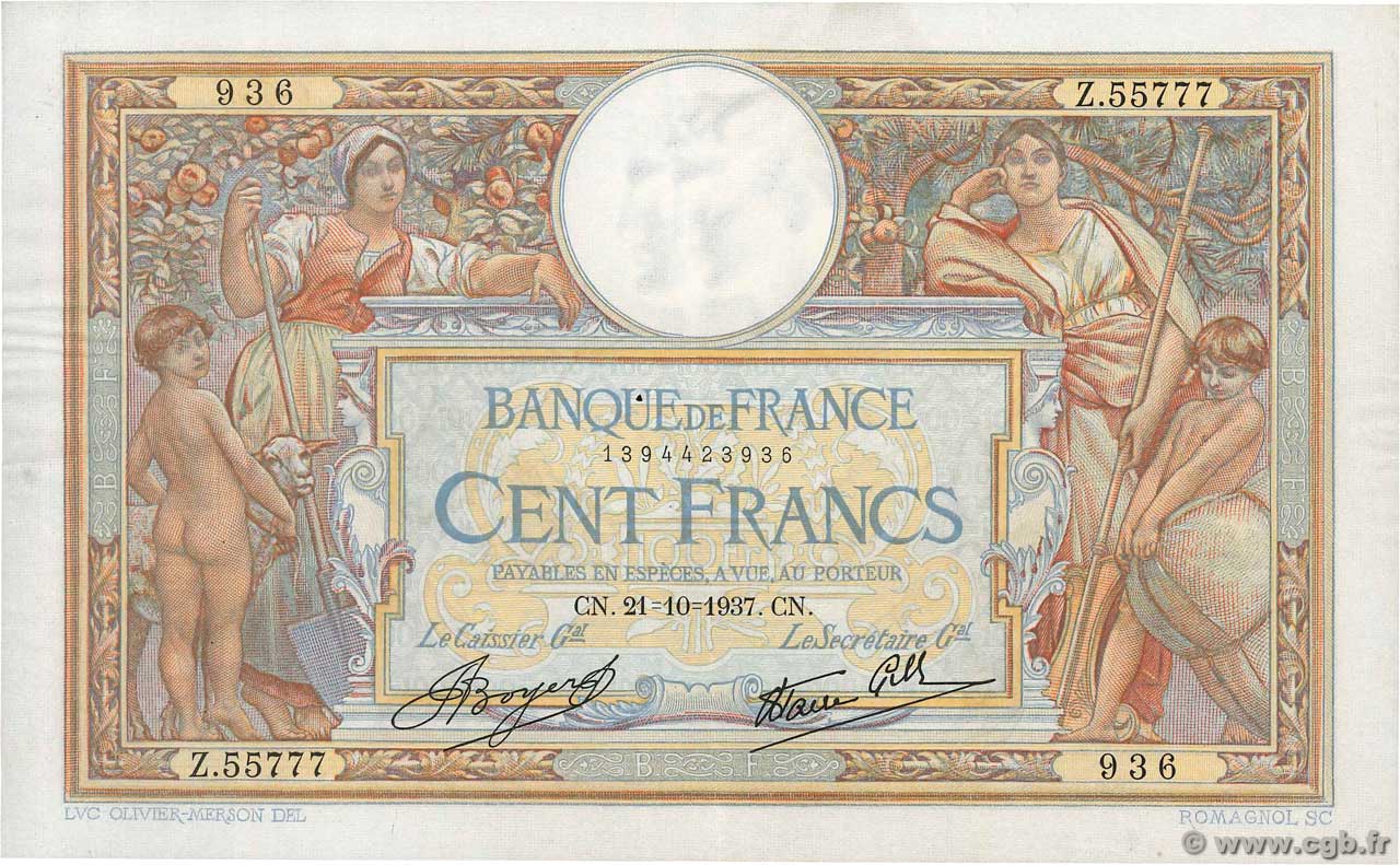 100 Francs LUC OLIVIER MERSON type modifié FRANCIA  1937 F.25.03 MBC+