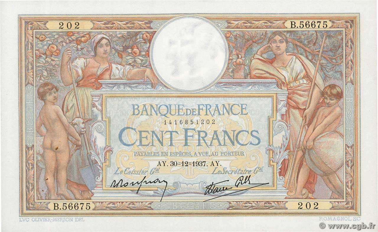 100 Francs LUC OLIVIER MERSON type modifié FRANCIA  1937 F.25.07 SPL+