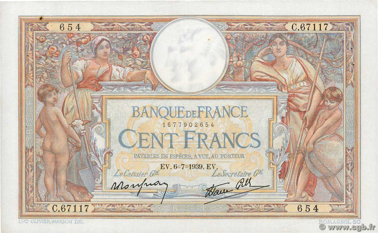 100 Francs LUC OLIVIER MERSON type modifié FRANCE  1939 F.25.48 XF+