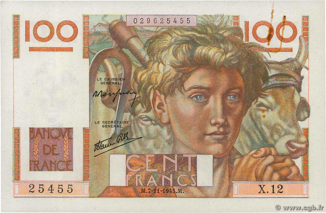 100 Francs JEUNE PAYSAN FRANCE  1945 F.28.01 SUP+