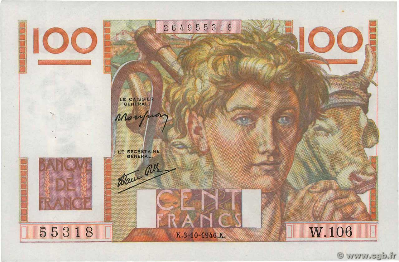 100 Francs JEUNE PAYSAN FRANKREICH  1946 F.28.09 VZ+