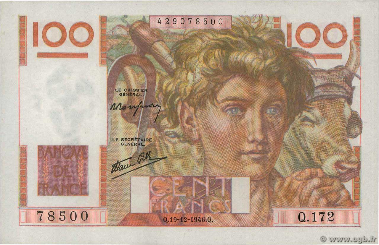 100 Francs JEUNE PAYSAN FRANKREICH  1946 F.28.12 fST+