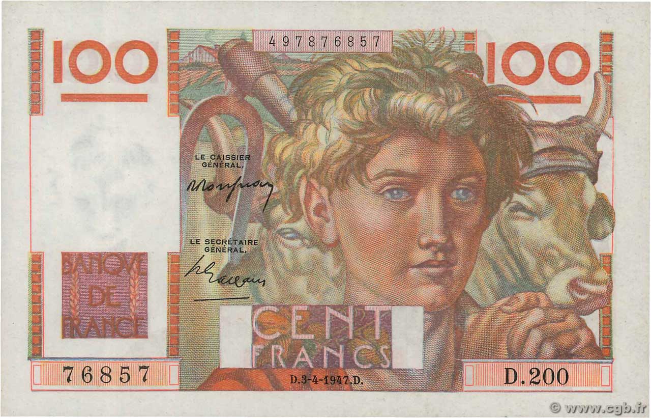 100 Francs JEUNE PAYSAN FRANCE  1947 F.28.14 SPL