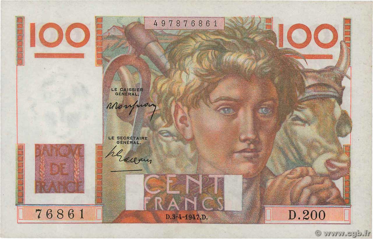 100 Francs JEUNE PAYSAN FRANKREICH  1947 F.28.14 fST+