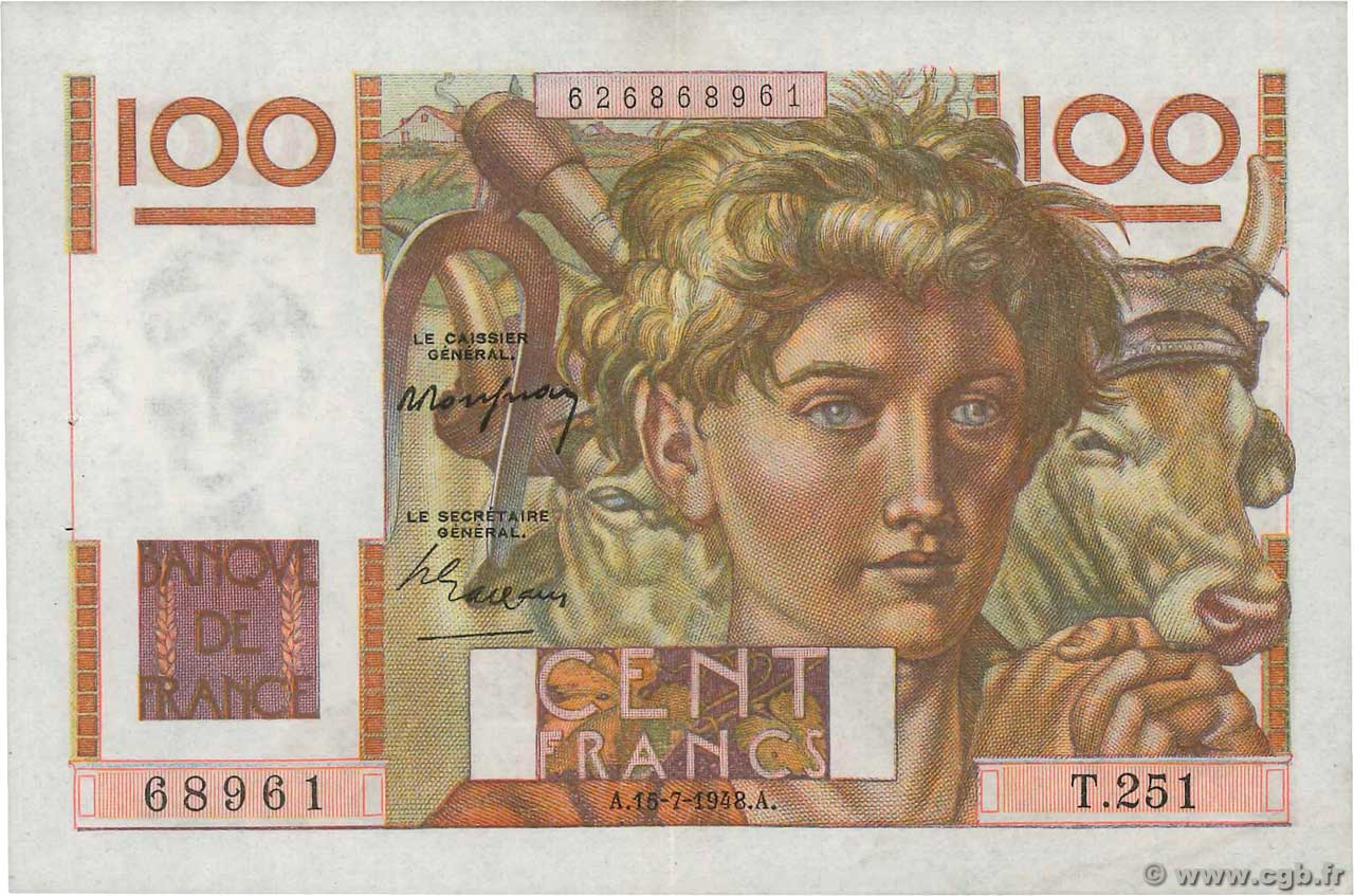 100 Francs JEUNE PAYSAN FRANCE  1948 F.28.19 XF