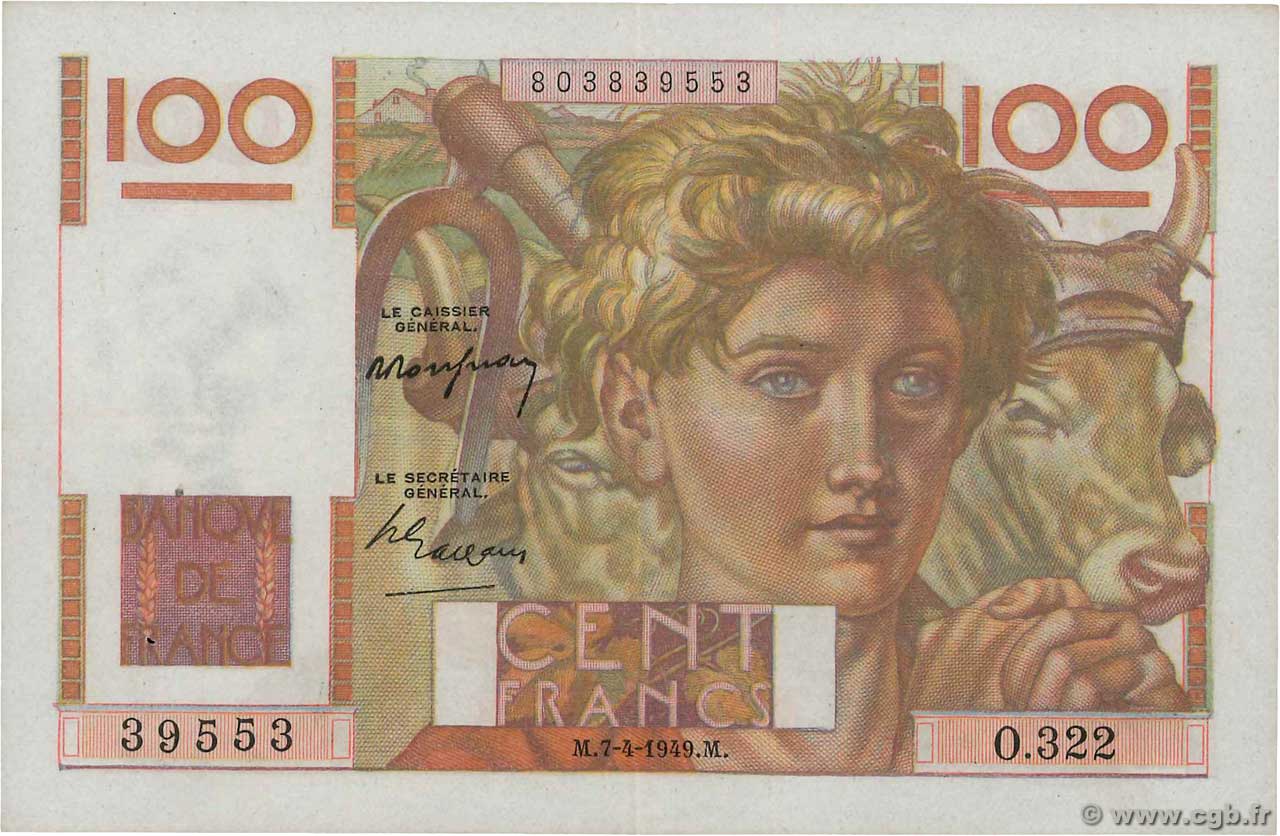 100 Francs JEUNE PAYSAN FRANCIA  1949 F.28.23 SPL