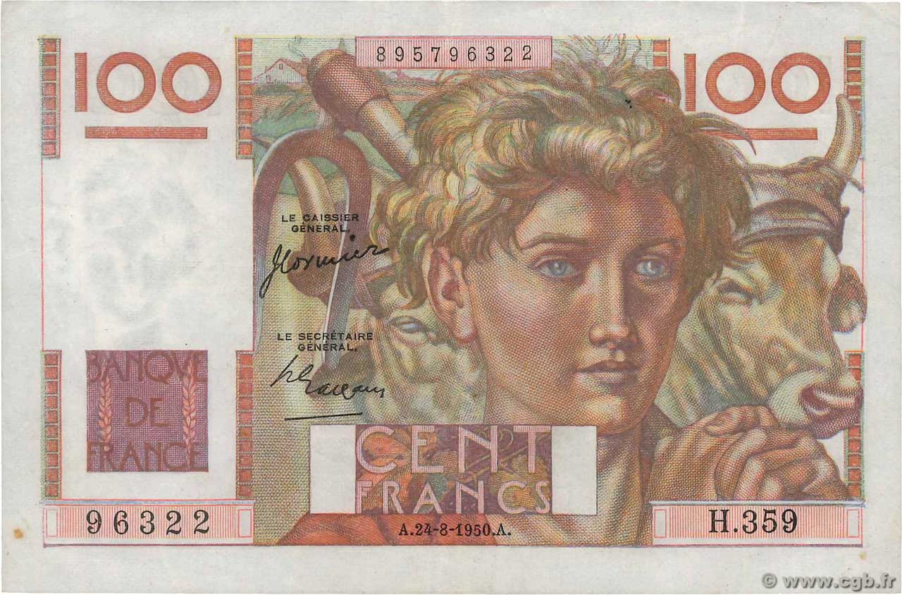 100 Francs JEUNE PAYSAN FRANCIA  1950 F.28.26 MBC+