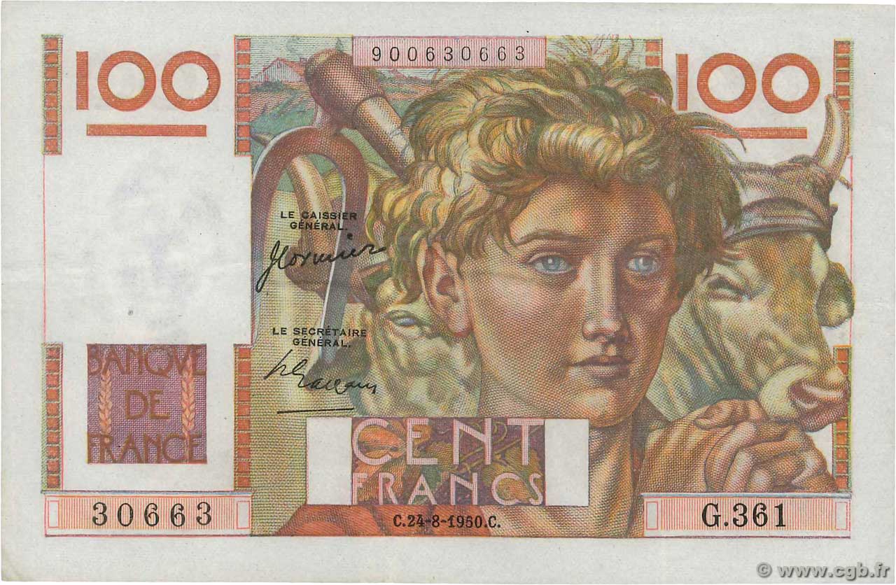 100 Francs JEUNE PAYSAN FRANKREICH  1950 F.28.26 VZ
