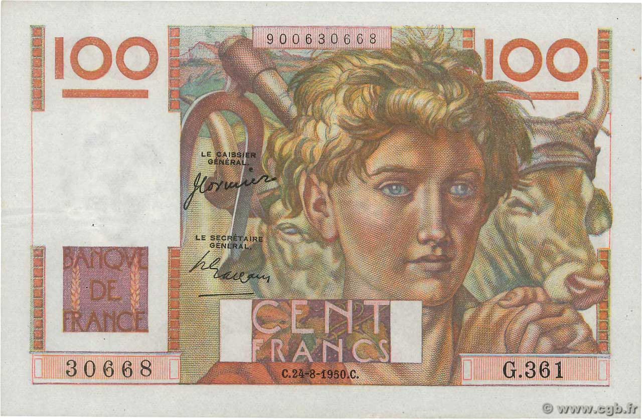 100 Francs JEUNE PAYSAN FRANKREICH  1950 F.28.26 VZ+