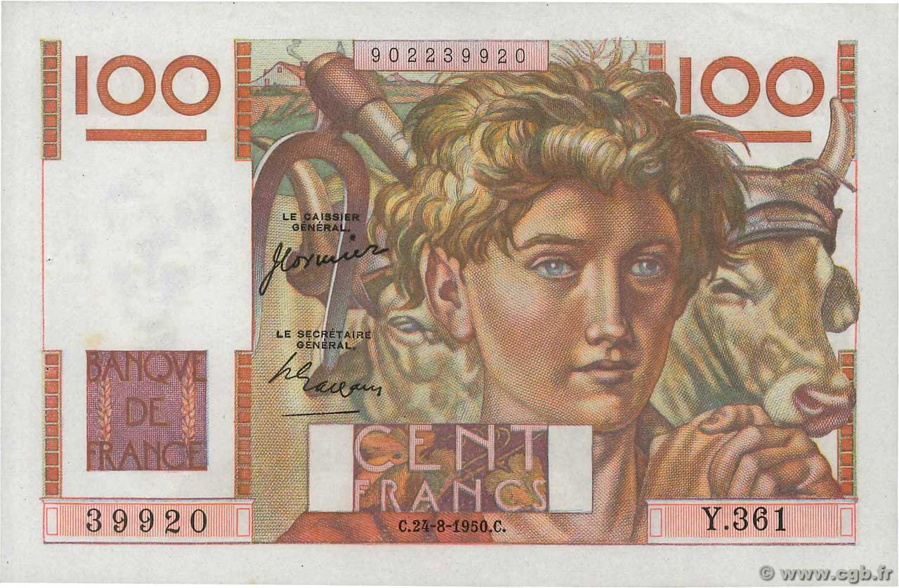 100 Francs JEUNE PAYSAN FRANKREICH  1950 F.28.26 fST