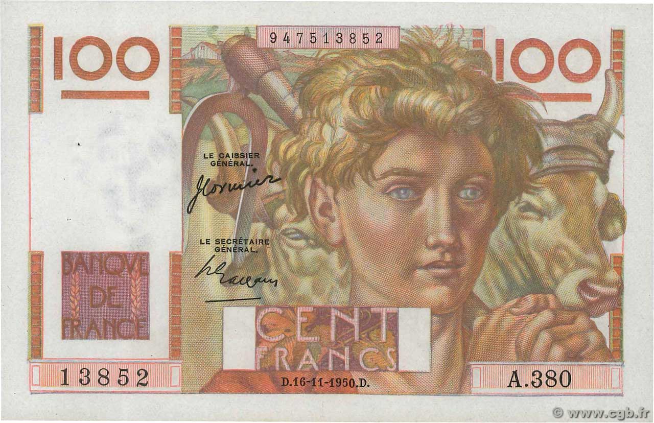 100 Francs JEUNE PAYSAN FRANCE  1950 F.28.28 SPL