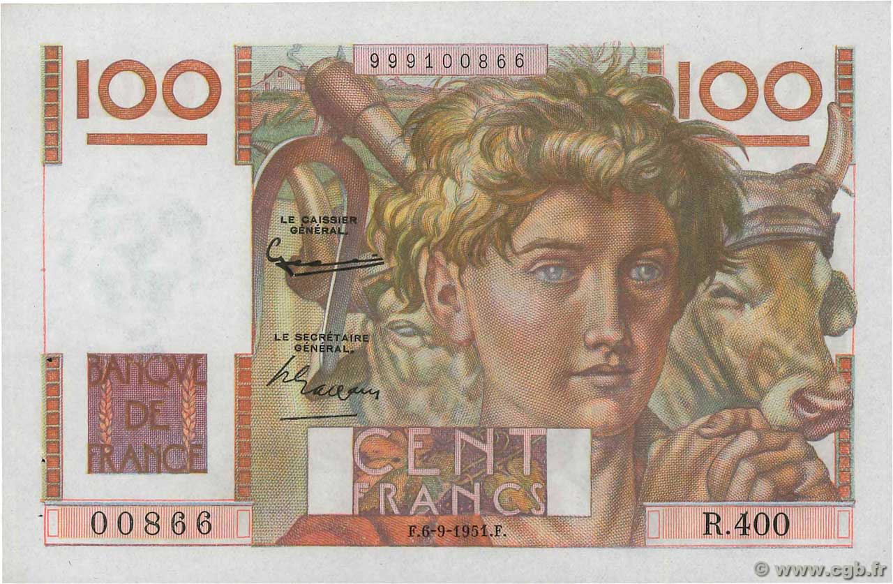 100 Francs JEUNE PAYSAN FRANCIA  1951 F.28.29 AU