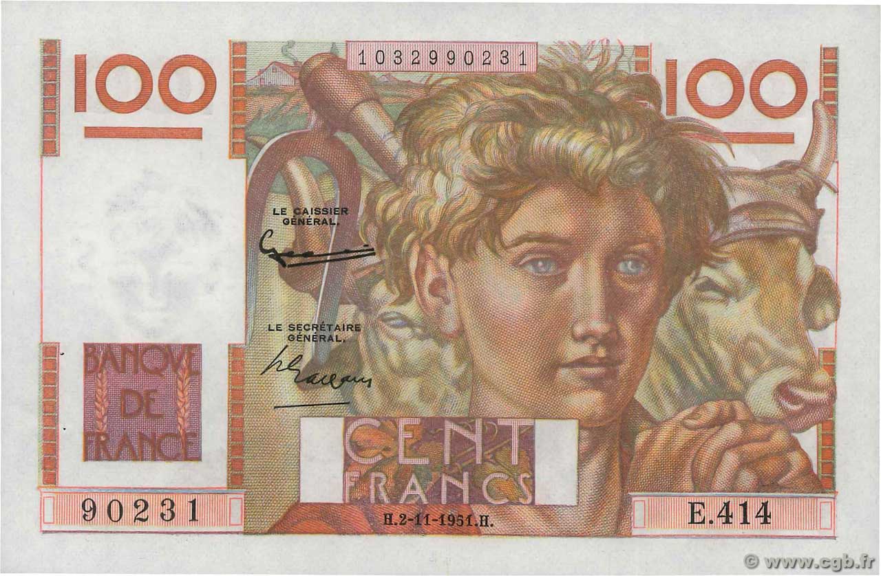 100 Francs JEUNE PAYSAN FRANCE  1951 F.28.30 SPL