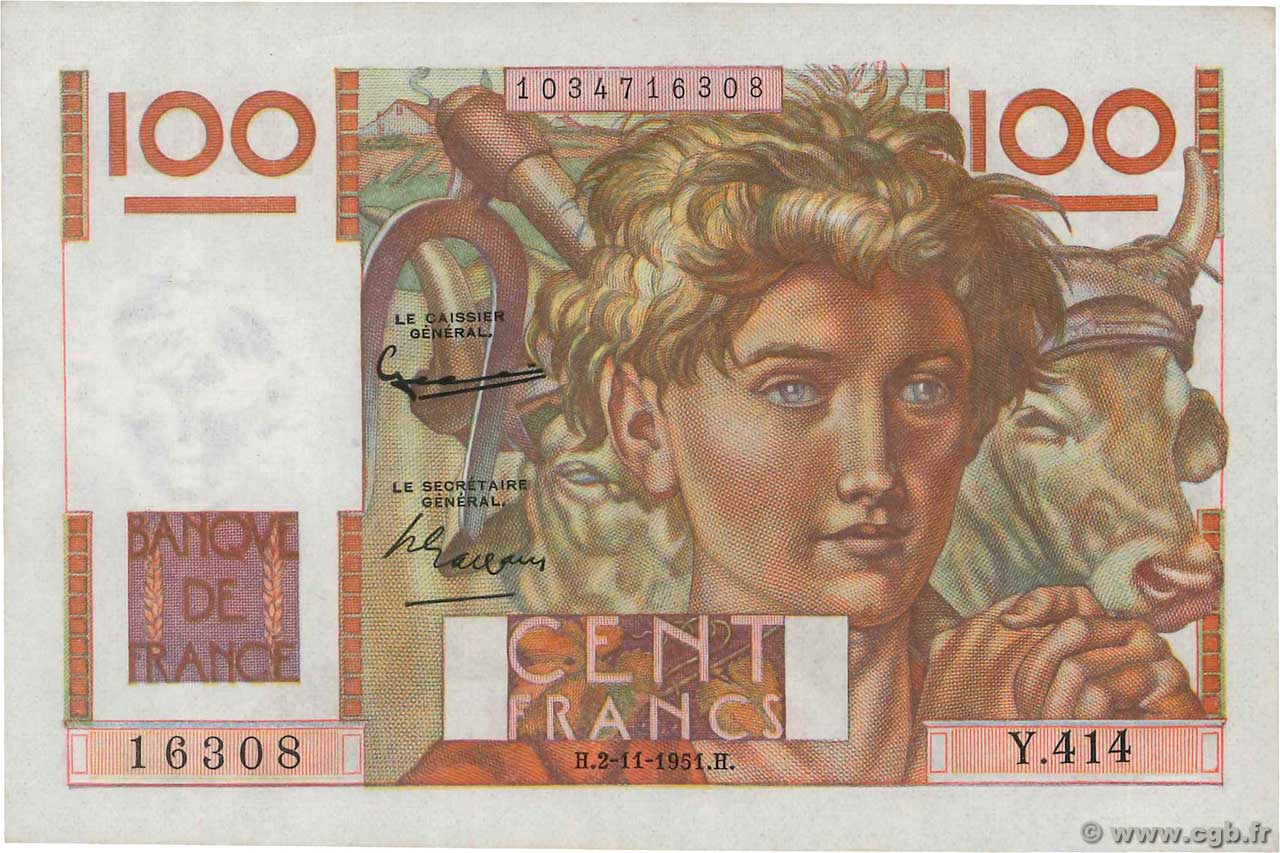 100 Francs JEUNE PAYSAN FRANCE  1951 F.28.30 UNC-