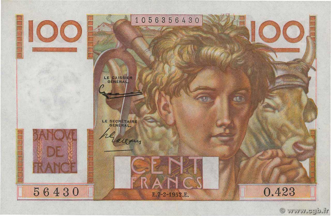100 Francs JEUNE PAYSAN FRANCIA  1952 F.28.31 SC+
