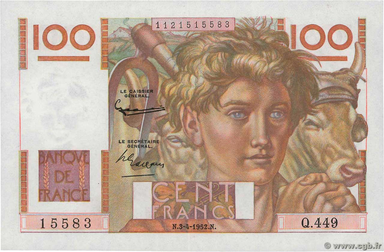 100 Francs JEUNE PAYSAN FRANCIA  1952 F.28.32 SC