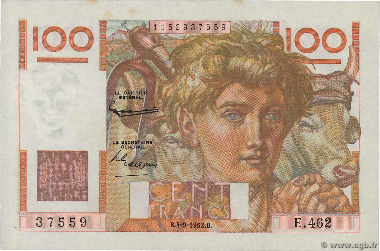 100 Francs JEUNE PAYSAN FRANKREICH  1952 F.28.33 fST